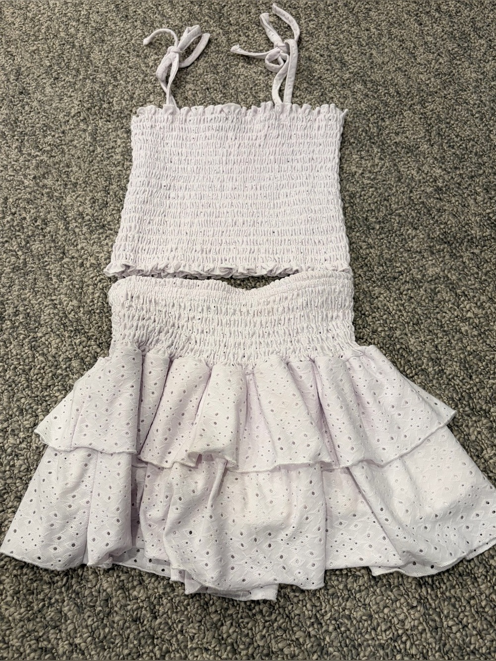 Chic2Chic Smocked Eyelet Two-Piece Set in Light Lavender
